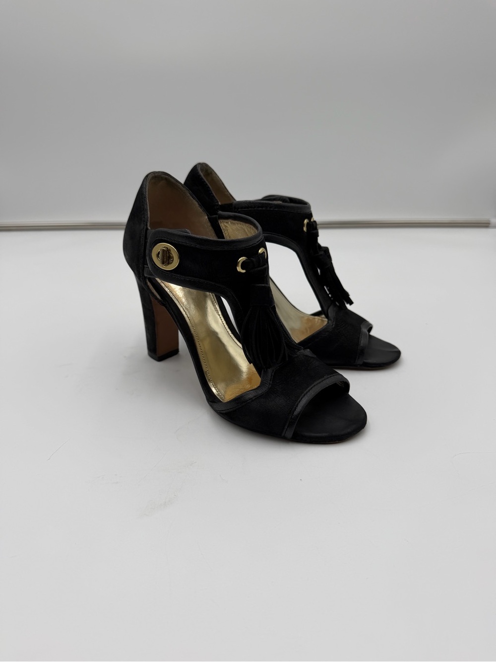 Coach Tristen Tassel Cutout Block Heel Sandals Black Suede Size 6 Leather Sole